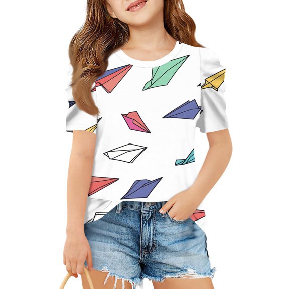WTOBBY Summer Children's Round Neck Cute Printed Casual T-Shirt Top for Girls - Short Sleeve Design, Ideal for School and Summer Fun,White 160