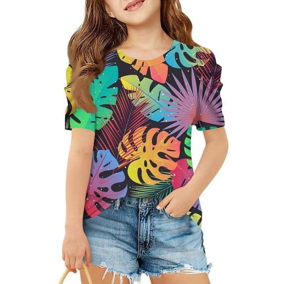 WTOBBY Summer Children's Round Neck Hawaiian Casual T-Shirt Top for Girls - Short Sleeve Shirt, Perfect for Beach Fun and Outings,Black 120