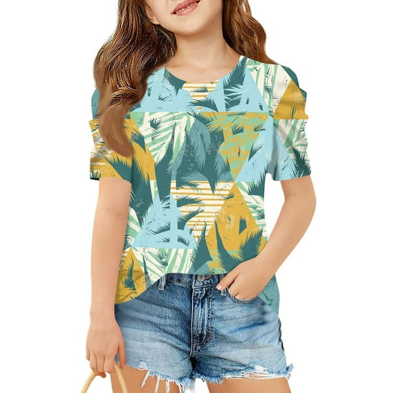 WTOBBY Summer Children's Round Neck Hawaiian Casual T-Shirt Top for Girls - Short Sleeve Shirt, Perfect for Beach Fun and Outings,Dark Green 130