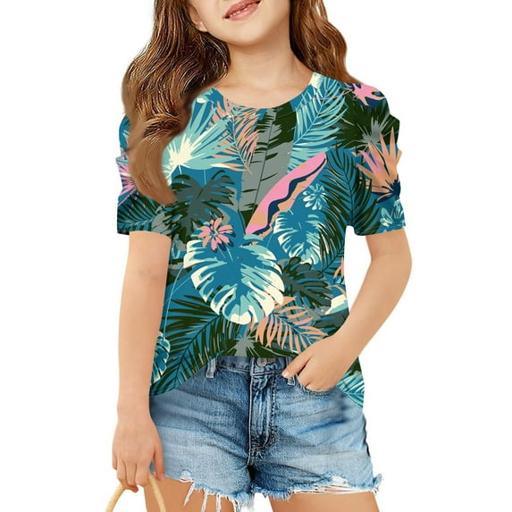 WTOBBY Summer Children's Round Neck Hawaiian Casual T-Shirt Top for Girls - Short Sleeve Shirt, Perfect for Beach Fun and Outings,Navy 140