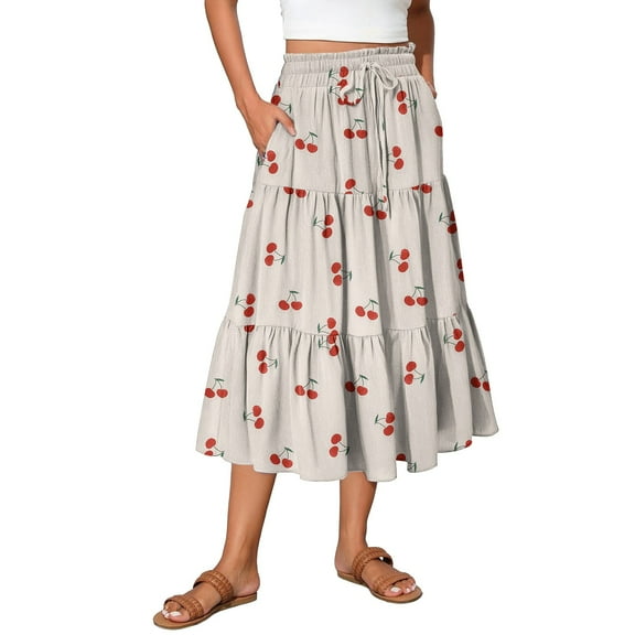 WTOBBY Summer Floral Pleated Maxi Skirt Women's Drawstring High Waist Long Skirt Lightweight Beach Vacation Skirt Tiered Flowy Boho Skirt with Elastic Waist ,Beige L