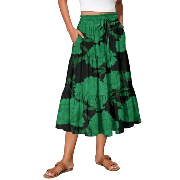 WTOBBY Summer Floral Pleated Maxi Skirt Women's Drawstring High Waist Long Skirt Lightweight Beach Vacation Skirt Tiered Flowy Boho Skirt with Elastic Waist ,Dark Green M