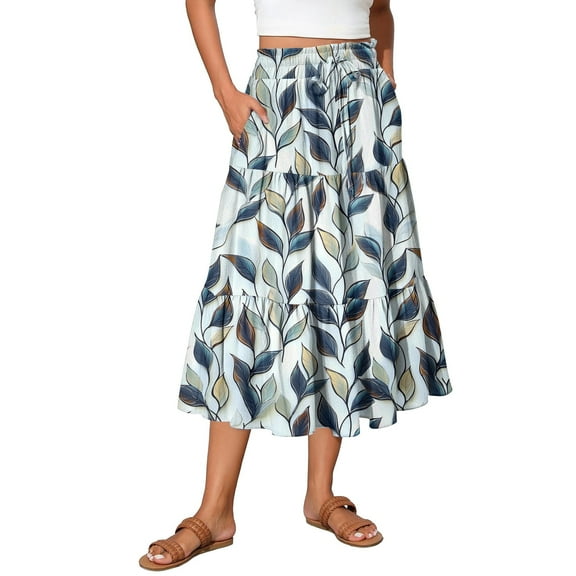 WTOBBY Summer Floral Pleated Maxi Skirt Women's Drawstring High Waist Long Skirt Lightweight Beach Vacation Skirt Tiered Flowy Boho Skirt with Elastic Waist ,Green L