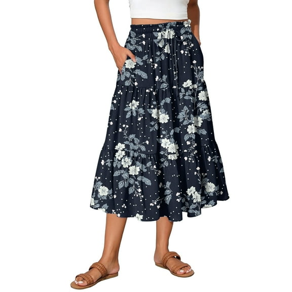WTOBBY Summer Floral Pleated Maxi Skirt Women's Drawstring High Waist Long Skirt Lightweight Beach Vacation Skirt Tiered Flowy Boho Skirt with Elastic Waist ,Navy L