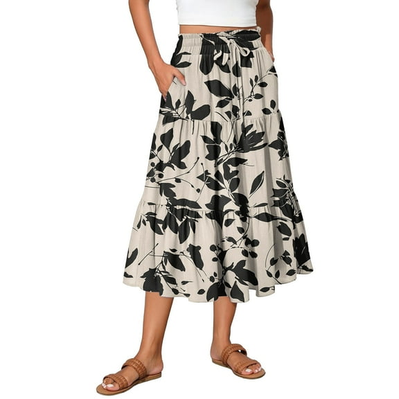 WTOBBY Summer Floral Pleated Maxi Skirt Women's Drawstring High Waist Long Skirt Lightweight Beach Vacation Skirt Tiered Flowy Boho Skirt with Elastic Waist ,Khaki L