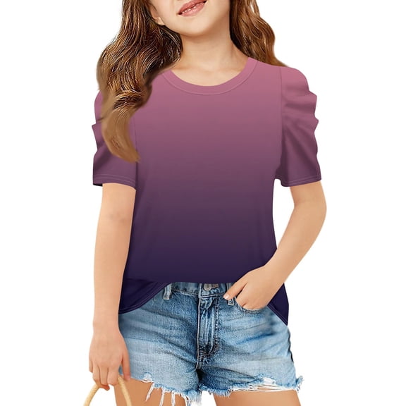 WTOBBY Summer Girls Gradient Casual T-Shirt Top with Short Sleeve Round Neck - Children's Shirt for Fashionable Summer Outfits July 4th,Dark Purple 150