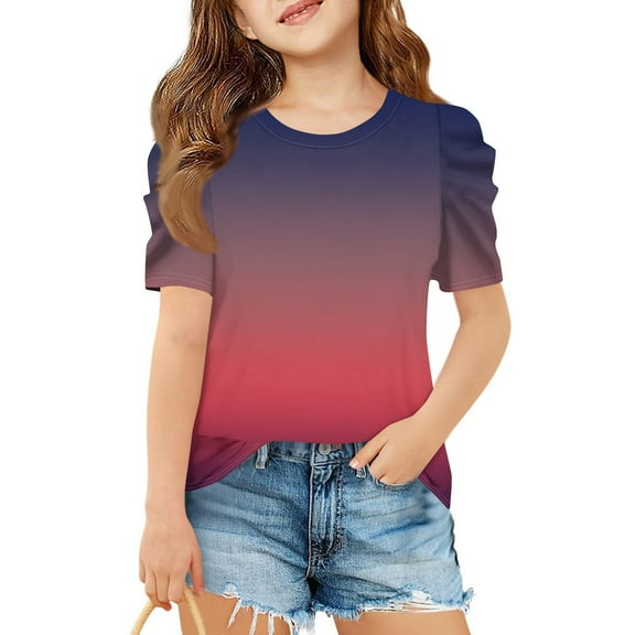 WTOBBY Summer Girls Gradient Casual T-Shirt Top with Short Sleeve Round Neck - Children's Shirt for Fashionable Summer Outfits July 4th,Light Purple 120