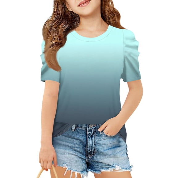 WTOBBY Summer Girls Gradient Casual T-Shirt Top with Short Sleeve Round Neck - Children's Shirt for Fashionable Summer Outfits July 4th,Royal Blue 160