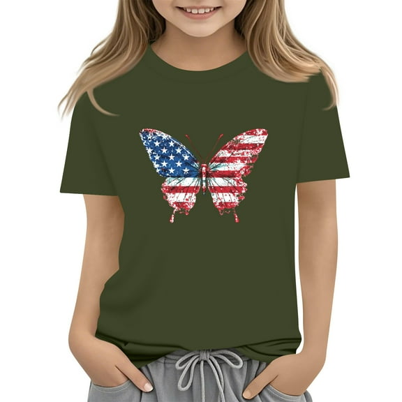 WTOBBY Summer Girls' Independence Day Casual Round Neck Short Sleeve T-Shirt Top for Children, Fashionable for Play, School, and Festivities July 4th,Army Green 140