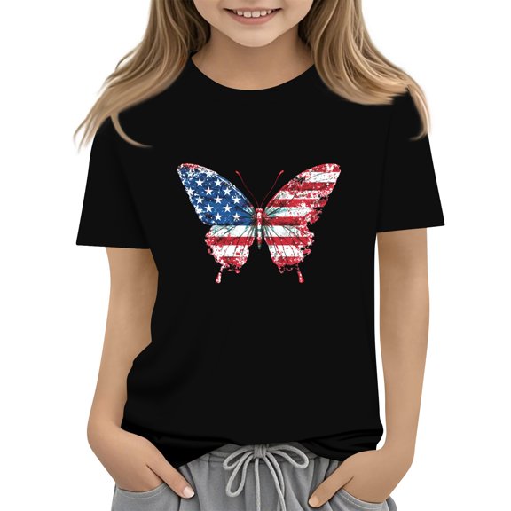 WTOBBY Summer Girls' Independence Day Casual Round Neck Short Sleeve T-Shirt Top for Children, Fashionable for Play, School, and Festivities July 4th,Black 100