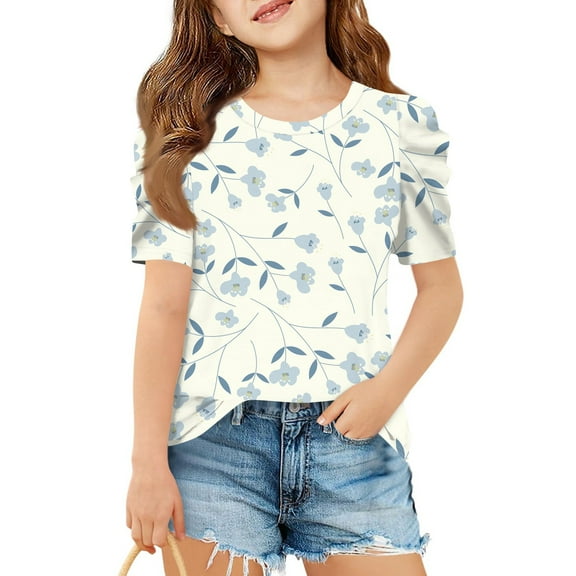 WTOBBY Summer Girls Short Sleeve Floral Casual T-Shirt Top with Round Neck - Children's Shirt for Playdates and Everyday Adventures,Light Blue 150