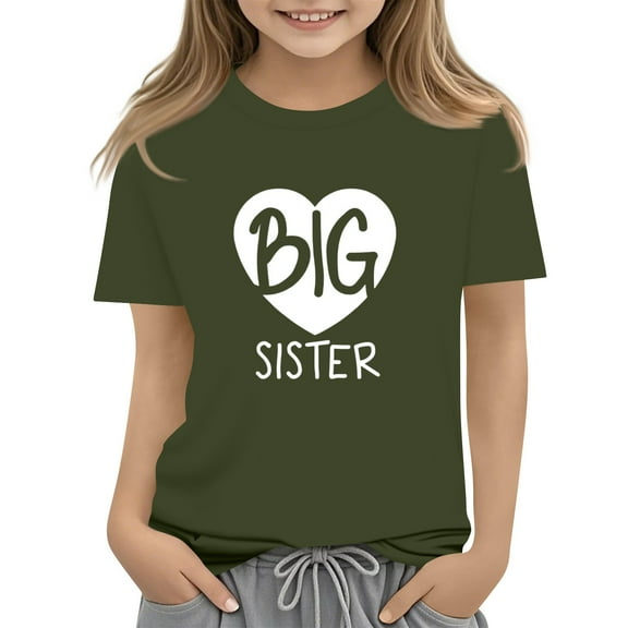 WTOBBY Summer Kids "BIG SISTER" Round Neck Short Sleeve Casual T-Shirt Top for Girls - Ideal for Sibling Fun and Everyday Adventures,Army Green 160
