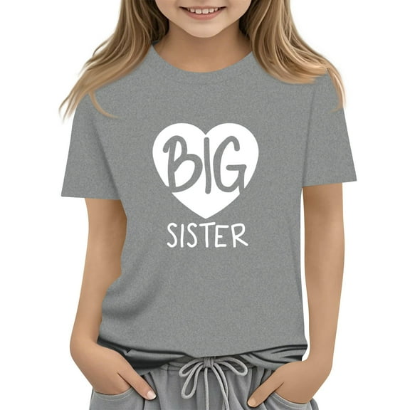 WTOBBY Summer Kids "BIG SISTER" Round Neck Short Sleeve Casual T-Shirt Top for Girls - Ideal for Sibling Fun and Everyday Adventures,Light Gray 150