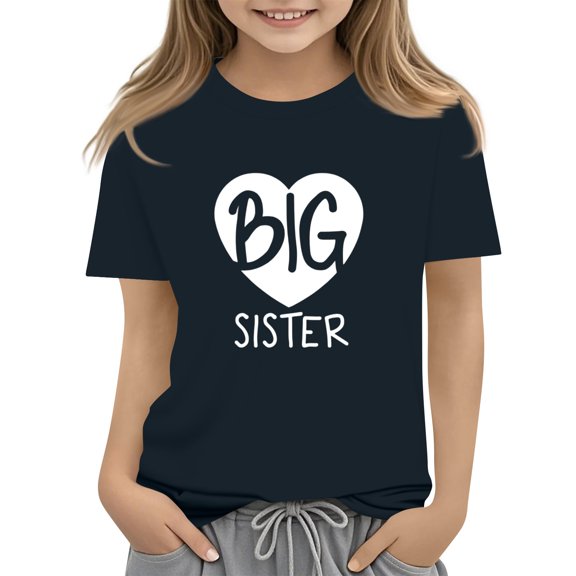 WTOBBY Summer Kids "BIG SISTER" Round Neck Short Sleeve Casual T-Shirt Top for Girls - Ideal for Sibling Fun and Everyday Adventures,Navy 120