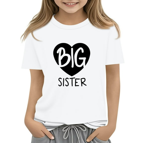 WTOBBY Summer Kids "BIG SISTER" Round Neck Short Sleeve Casual T-Shirt Top for Girls - Ideal for Sibling Fun and Everyday Adventures,White 160