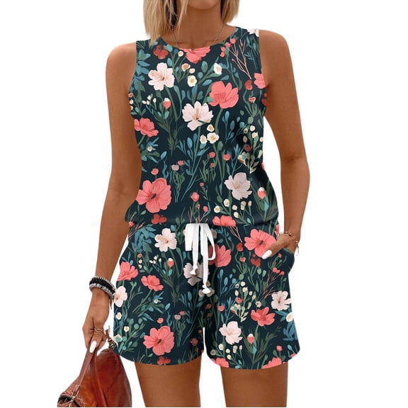 WTOBBY Summer Women's Fashion Two Piece Outfit Vintage Floral Print Vest Sleeveless Top and Shorts Set Comfortable and Trendy for Casual Wear ,Dark Green S