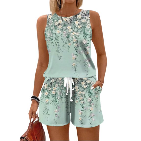 WTOBBY Summer Women's Fashion Two Piece Outfit Vintage Floral Print Vest Sleeveless Top and Shorts Set Comfortable and Trendy for Casual Wear ,Light Blue S