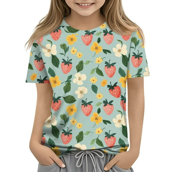 WTOBBY Toddler Girls Floral Print Short Sleeve T-Shirt Top - Casual Kids Shirt with Round Neck for Summer, School, and Everyday Wear,Green 120