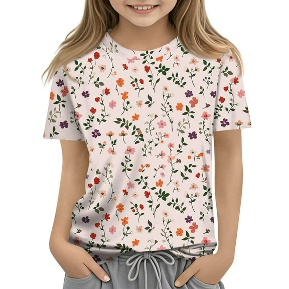 WTOBBY Toddler Girls Floral Print Short Sleeve T-Shirt Top - Casual Kids Shirt with Round Neck for Summer, School, and Everyday Wear,Light pink 150