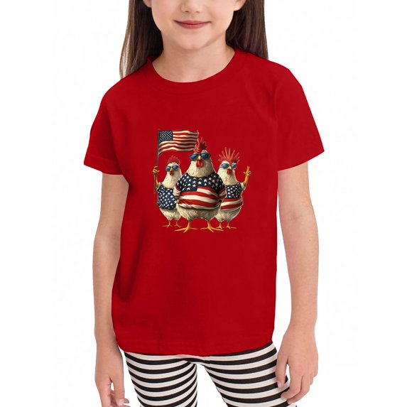 WTOBBY Toddler Girls Short Sleeve Independence Day Small Print T-Shirt Top - Casual Kids Shirt for Patriotic Fun and Everyday Wear,Red 110