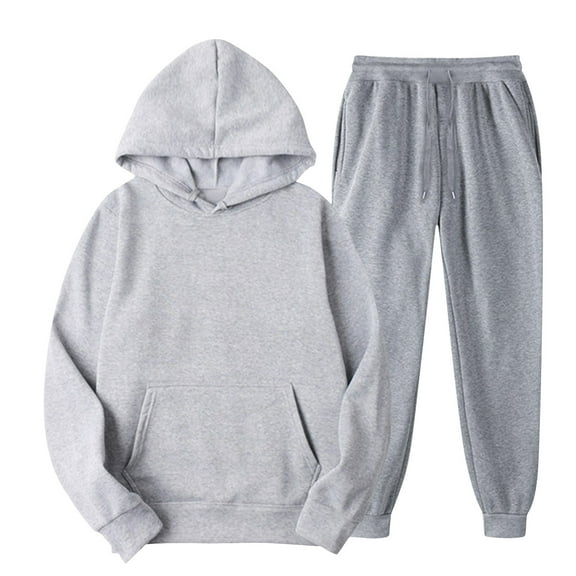 WTOBBY Unisex Two-Piece Casual Hoodie Set, Solid Color Couple's Plush Hoodie and Pocket Sweatpants, Warm Fleece Outfit for Men Women, Matching Tracksuit for Fall Winter Dates,Light Gray L