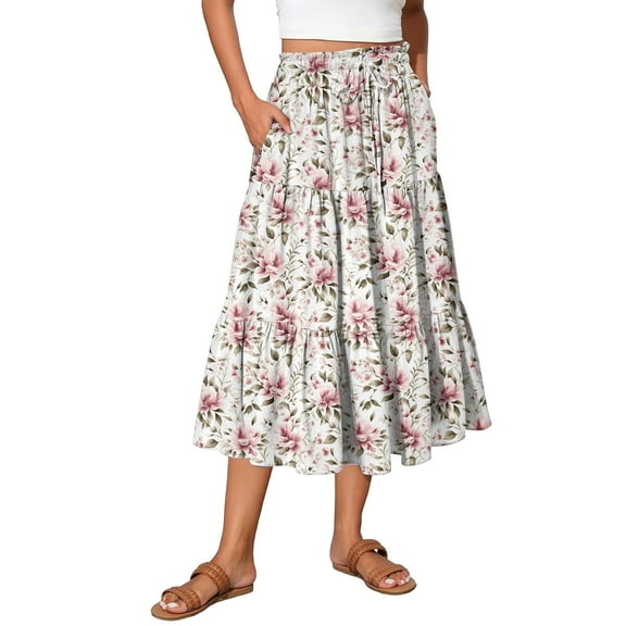 WTOBBY Vacation Style Floral Pleated Skirt Women's Drawstring High Waist Long Skirt Lightweight Summer Beach Skirt Tiered Flowy Boho Skirt with Elastic Waistband,Pink M