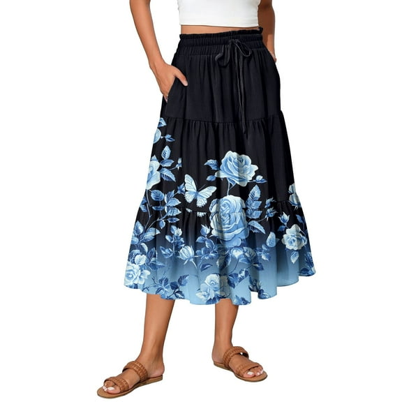 WTOBBY Vacation Style Floral Pleated Skirt Women's Drawstring High Waist Long Skirt Lightweight Summer Beach Skirt Tiered Flowy Boho Skirt with Elastic Waistband,Dark Blue M