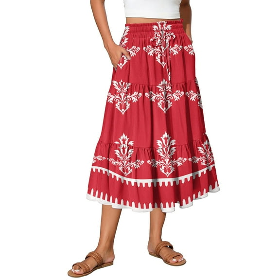 WTOBBY Vacation Style Floral Pleated Skirt Women's Drawstring High Waist Long Skirt Lightweight Summer Beach Skirt Tiered Flowy Boho Skirt with Elastic Waistband,Red 2XL
