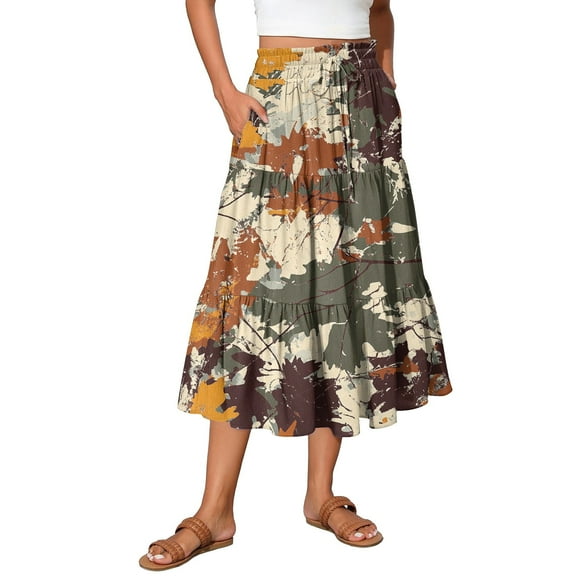 WTOBBY Vacation Style Floral Pleated Skirt Women's Drawstring High Waist Long Skirt Lightweight Summer Beach Skirt Tiered Flowy Boho Skirt with Elastic Waistband,Khaki 2XL
