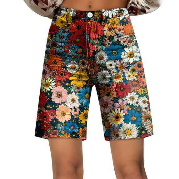 WTOBBY Vintage Floral Wide Leg Shorts - High Waist Summer Casual Shorts with Pockets, Bohemian Style Outfits for Music Festivals & Daily Wear,Blue S