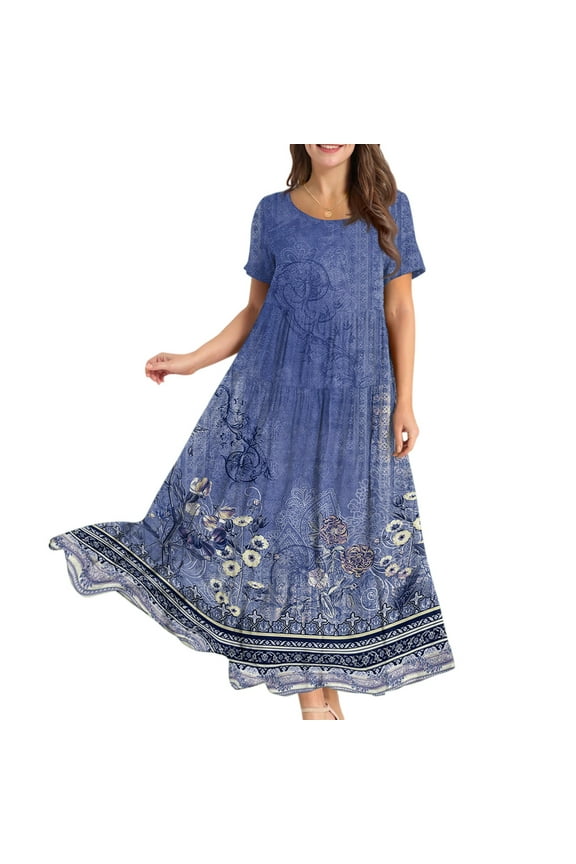 Women Casual Loose Bohemian Floral Dress Short Sleeve Long Maxi Summer Beach Swing Dress, Flowy for Vacation and Boho Chic,Blue L