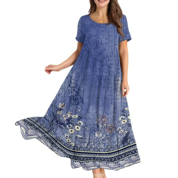 WTOBBY Women Casual Loose Bohemian Floral Dress Short Sleeve Long Maxi Summer Beach Swing Dress, Flowy for Vacation and Boho Chic,Blue XL
