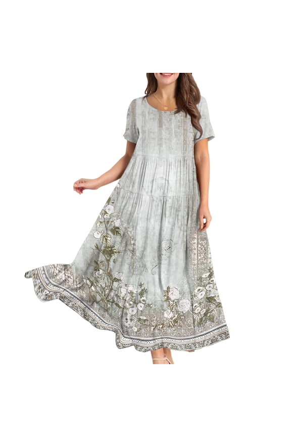 Women Casual Loose Bohemian Floral Dress Short Sleeve Long Maxi Summer Beach Swing Dress, Flowy for Vacation and Boho Chic,Gray M