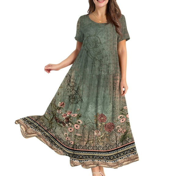 WTOBBY Women Casual Loose Bohemian Floral Dress Short Sleeve Long Maxi Summer Beach Swing Dress, Flowy for Vacation and Boho Chic,Green M
