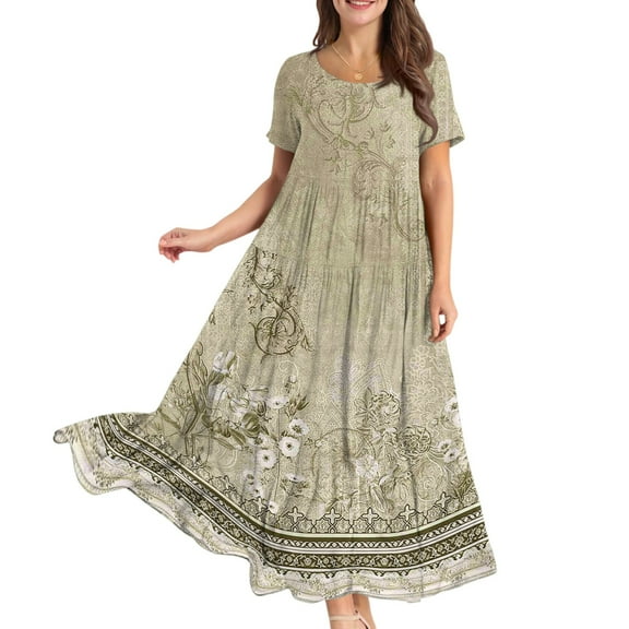WTOBBY Women Casual Loose Bohemian Floral Dress Short Sleeve Long Maxi Summer Beach Swing Dress, Flowy for Vacation and Boho Chic,Khaki S