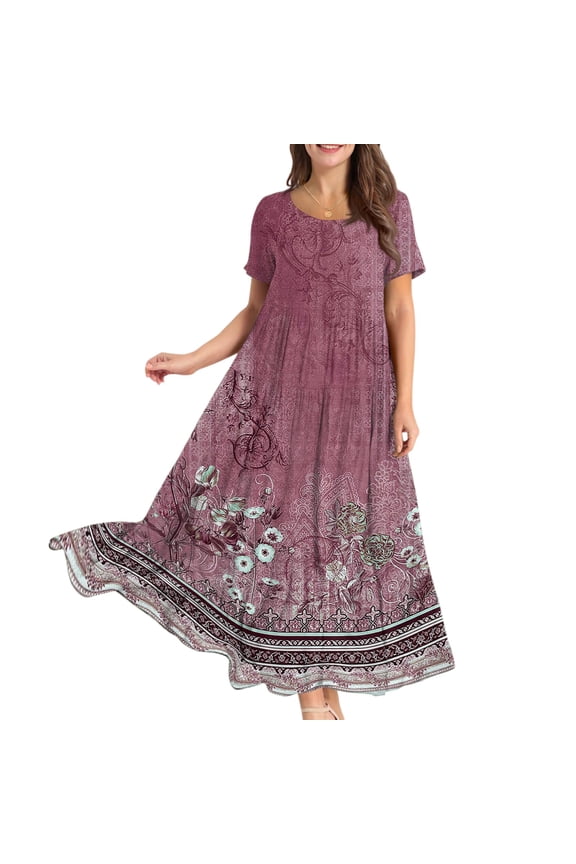 Women Casual Loose Bohemian Floral Dress Short Sleeve Long Maxi Summer Beach Swing Dress, Flowy for Vacation and Boho Chic,Purple XL
