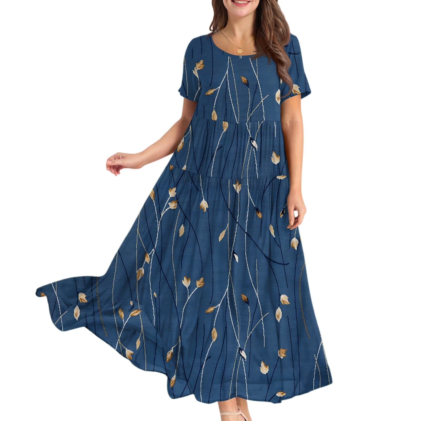 WTOBBY Women Casual Loose Bohemian Floral Short Sleeve Long Maxi Summer ...