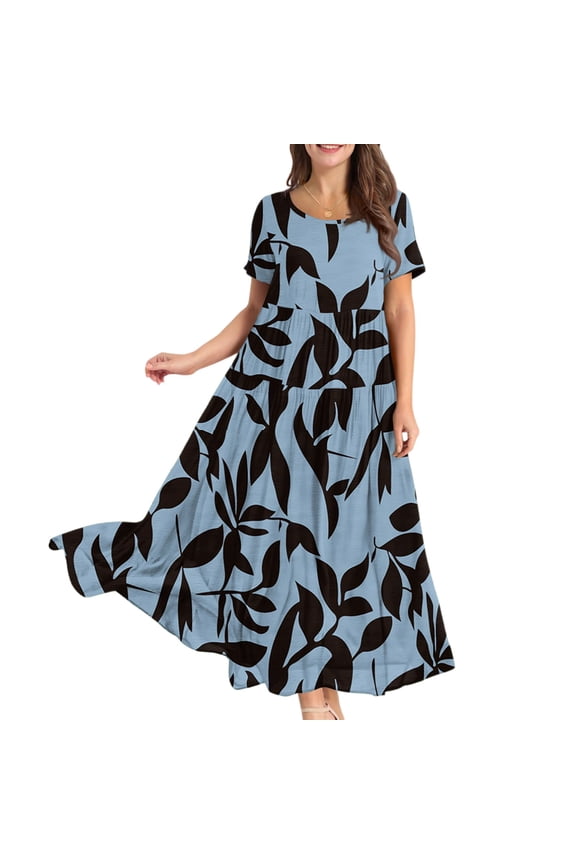 Women Casual Loose Bohemian Floral Short Sleeve Long Maxi Summer Beach Swing Dress for Festivals Vacation and Boho Chic Look,Light Blue XL
