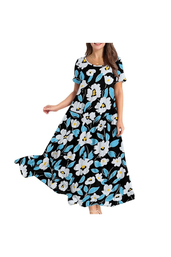 Women Casual Loose Bohemian Floral Short Sleeve Long Maxi Summer Beach Swing Dress for Outdoor Activities and Relaxed Style,Black L