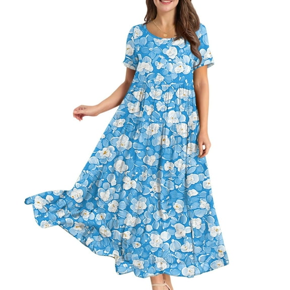 WTOBBY Women Casual Loose Bohemian Floral Short Sleeve Long Maxi Summer Beach Swing Dress for Outdoor Activities and Relaxed Style,Blue S