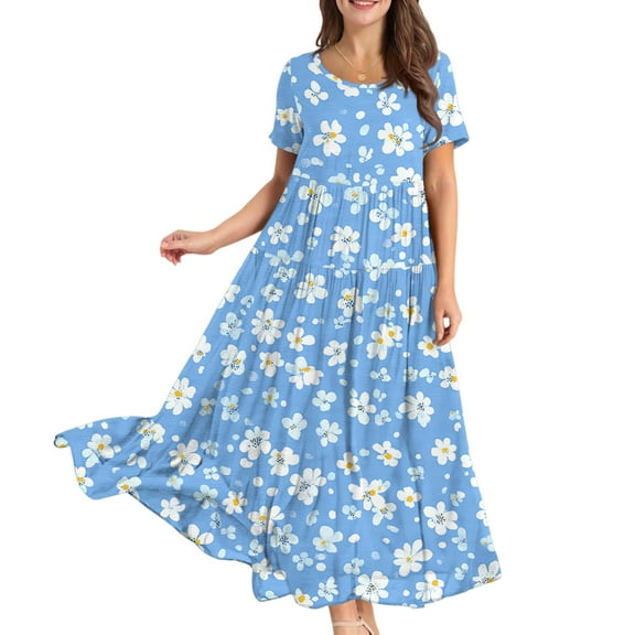 WTOBBY Women Casual Loose Bohemian Floral Short Sleeve Long Maxi Summer Beach Swing Dress for Outdoor Activities and Relaxed Style,Light Blue S