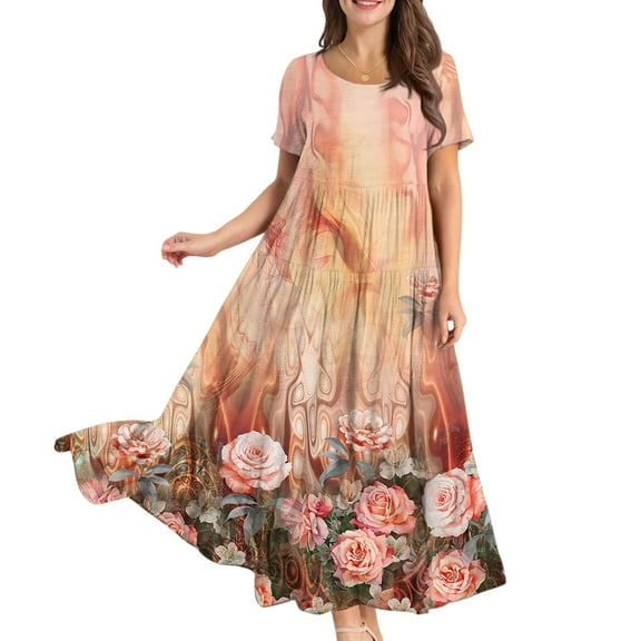WTOBBY Women Casual Loose Bohemian Floral Short Sleeve Long Maxi Summer Beach Swing Dress for Outdoor Activities and Relaxed Style,Orange S