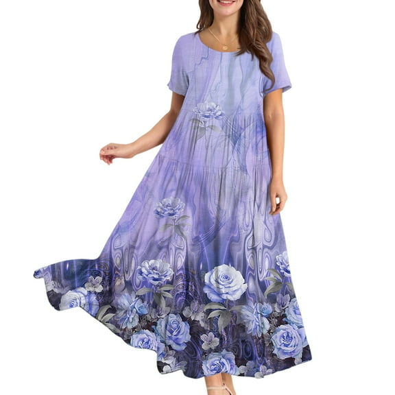 WTOBBY Women Casual Loose Bohemian Floral Short Sleeve Long Maxi Summer Beach Swing Dress for Outdoor Activities and Relaxed Style,Purple S