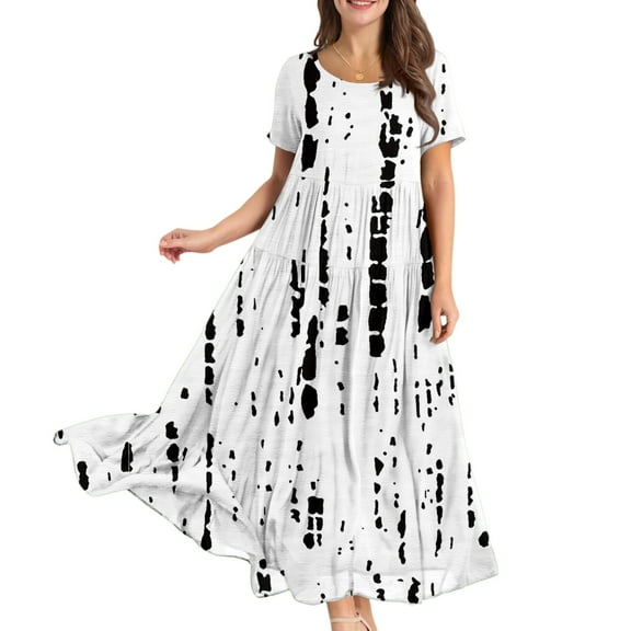 WTOBBY Women Casual Loose Bohemian Floral Short Sleeve Long Maxi Summer Beach Swing Dress for Outdoor Activities and Relaxed Style,White S