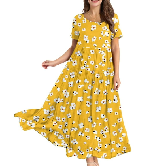 WTOBBY Women Casual Loose Bohemian Floral Short Sleeve Long Maxi Summer Beach Swing Dress for Outdoor Activities and Relaxed Style,Yellow S
