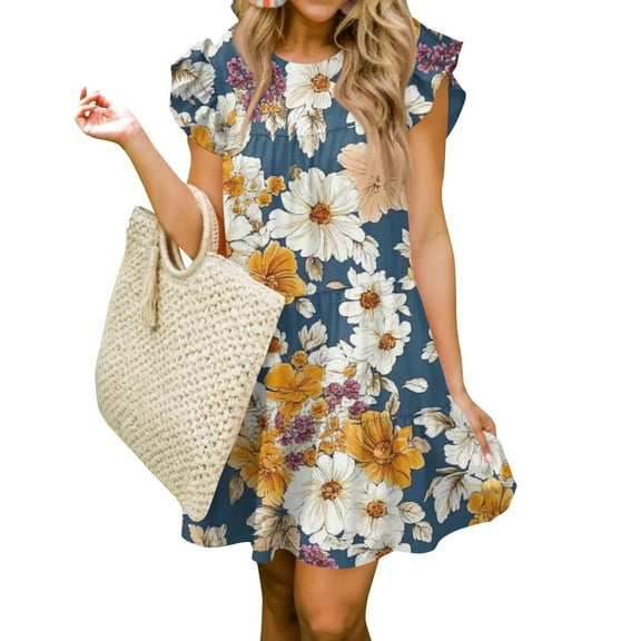 WTOBBY Women Fashion Summer Casual O-Neck Ruffle Sleeve Sleeveless Flowy Short Tunic Dress with Flower Geometric Print for Fun Outings,Blue S