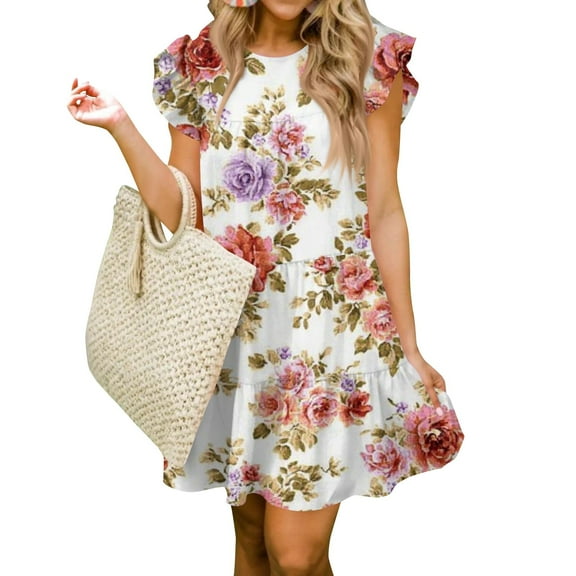 WTOBBY Women Fashion Summer Casual O-Neck Ruffle Sleeve Sleeveless Flowy Short Tunic Dress with Flower Geometric Print for Fun Outings,Pink S