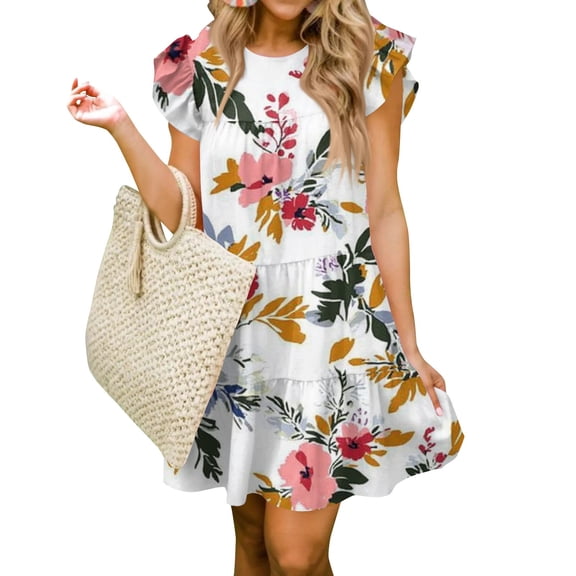 WTOBBY Women Fashion Summer Casual O-Neck Ruffle Sleeve Sleeveless Flowy Short Tunic Dress with Flower Geometric Print for Fun Outings,White S