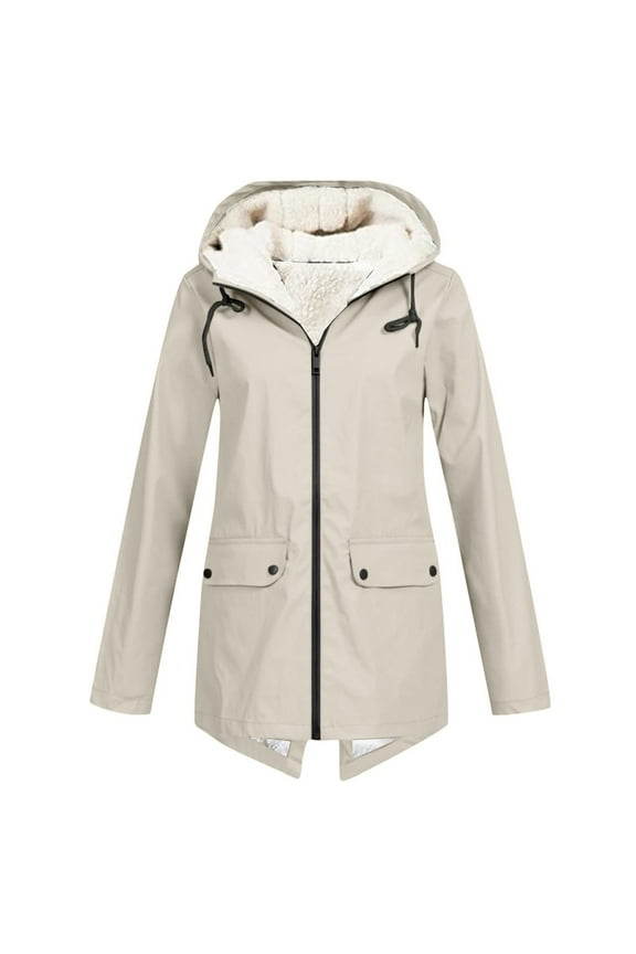 Women Plus Size Plush Solid Stripe Waterproof Sun Protective Outdoor Sports Rain Jacket, Hooded Windproof for Cold Weather Comfort,Beige 4XL
