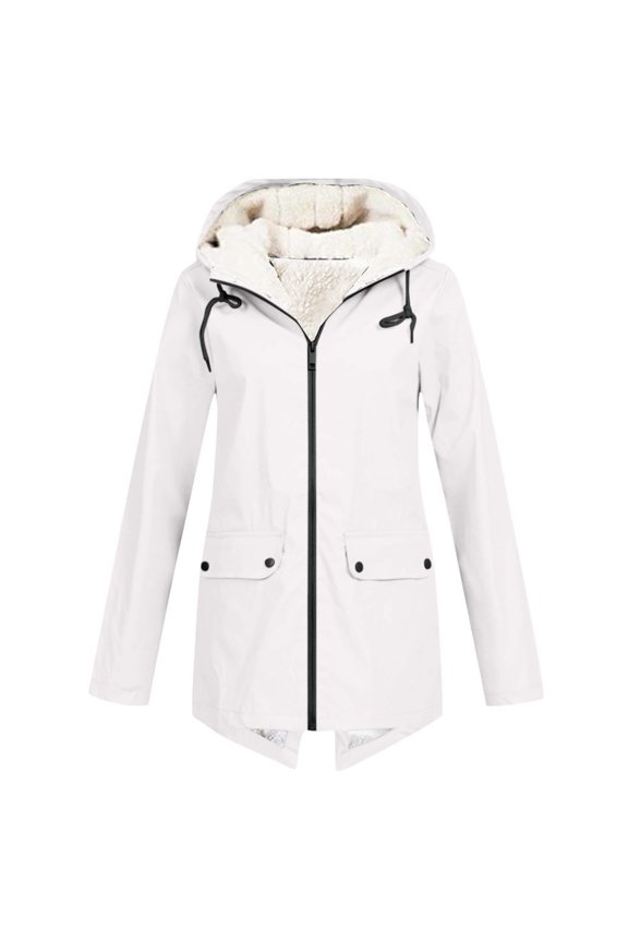 Women Plus Size Plush Solid Stripe Waterproof Sun Protective Outdoor Sports Rain Jacket, Hooded Windproof for Cold Weather Comfort,White L
